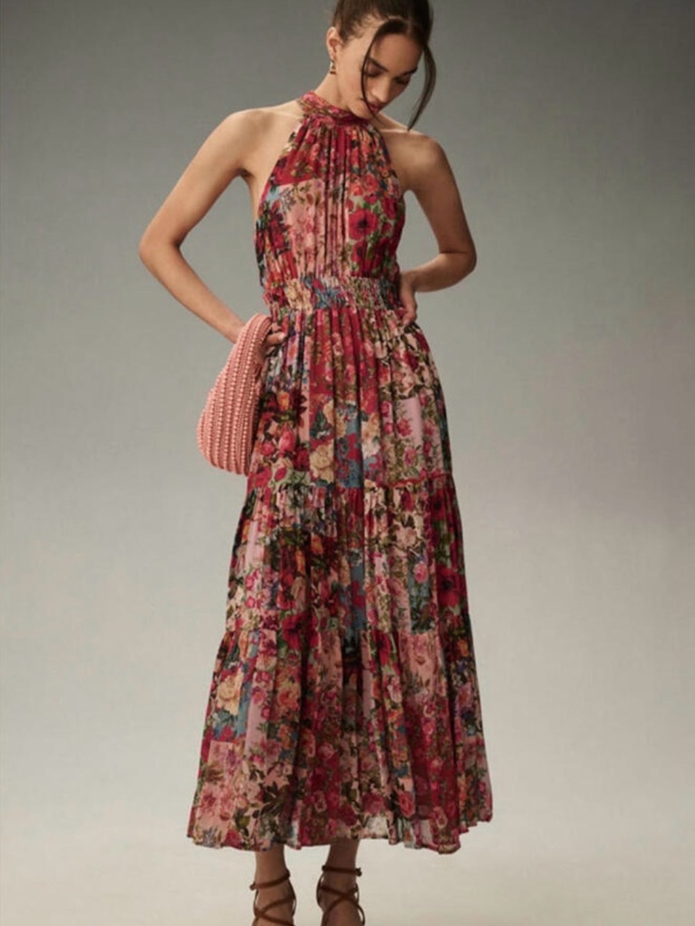 Anthropologie Pink Floral Maxi Halter Dress